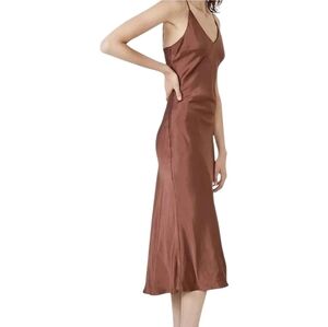 Bardot Anja Brown Silky Satin Midi Long Dress